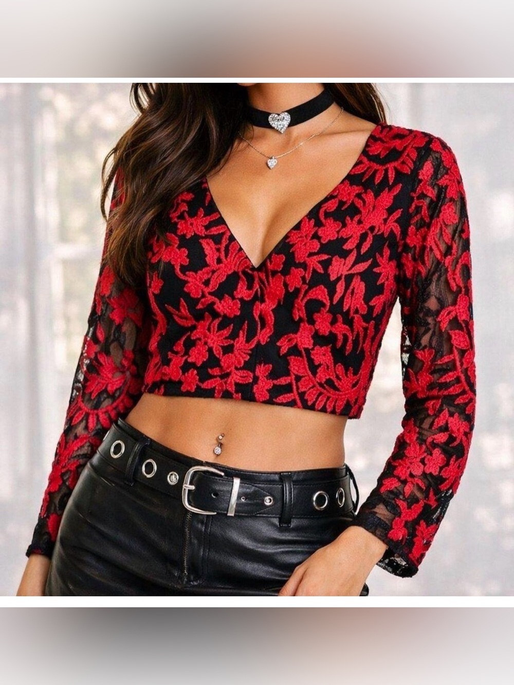 Alice + Olivia Red Floral Mesh Sleeve V-Neck Crop Top